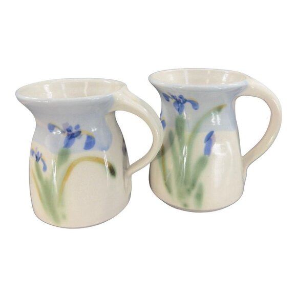 Studio Art Pottery Coffee Mug Cup Set 2 Hand Made Mugs Blue Green Flower Signed - Picture 1 of 14